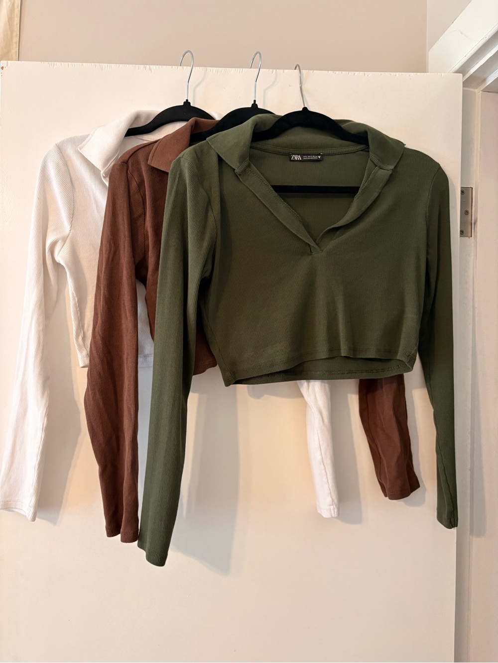 Zara Ribbed Long-Sleeve Cropped Polo Tops - Set of 3